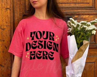 Watermelon Comfort Colors Mockup comfort colors 1717 watermelon, trendy oversized tshirt model lifestyle mockup, CC1717 outdoors mockup