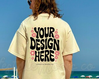 Ivory Comfort Colors 1717 Back Mockup | Trendy CC1717 Ivory Oversized back of shirt Mockup, Summer Outdoors Lifestyle mockup, Model Mockup