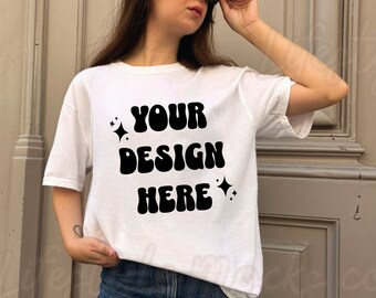 Comfort Colors 1717 white mockup, white c1717 trendy oversized blank tshirt mockup | model outdoors lifestyle mockup, white comfort colors