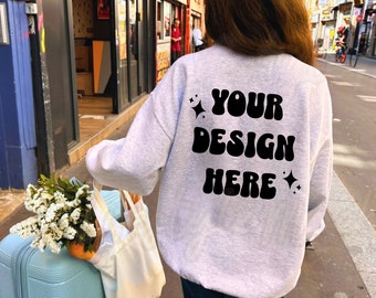 Ash Gildan 18000 crewneck back mockup, Ash gildan 18000 back mockup, trendy oversized sweatshirt gildan g180 back, outdoors lifestyle mockup