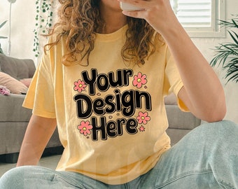 Butter Comfort Colors 1717 mockup | comfor colors butter light yellow tshirt c1717 yellow shirt woman model mockup trendy boho summer mockup