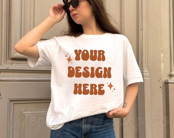 Comfort Colors 1717 mockup, White Oversized Tshirt Mockup, Trendy Blank Shirt Mockup | Real Model Outdoors Lifestyle Mockup