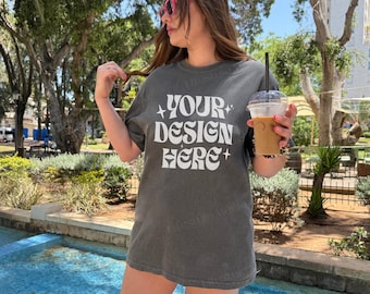 Comfort Colors 1717 Mockup, Grey 1717 Oversized Tshirt Mockup, Streetwear Lifestyle Mockup, Outdoors Aesthetic Trendy Mockup with Coffee Cup