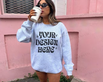 Gildan 18000 Ash Sweatshirt Mockup | G180 Ash Crewneck Mock-up | Grey Gildan Sweatshirt Lifestyle Mockup, Oversized Sweater Outdoors Mockup