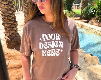 Comfort Colors 1717 T-Shirt Mockup, 1717 Espresso Trendy Oversized Mockup, Real Model Outdoors Lifestyle Mock up, Print On Demand Mockup