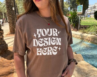Comfort Colors 1717 T-Shirt Mockup, 1717 Espresso Trendy Oversized Mockup, Real Model Outdoors Lifestyle Mock up, Print On Demand Mockup