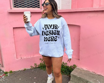 Gildan 18000 Ash Sweatshirt Mockup | G180 Ash Crewneck Mock-up | Grey Gildan Sweatshirt Lifestyle Mockup, Trendy Oversized Sweater Mock up