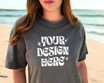 Comfort Colors 1717 Mockup, Trendy Oversized Tshirt Mockup, Streetwear Lifestyle Mockup, Outdoors Aesthetic Mockup, Real Model Beach Mockup