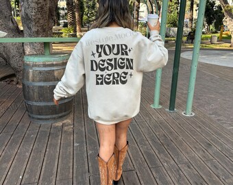 Sand Gildan 18000 Back Mockup, Sand 18000 Mockup, Trendy Oversized Mockup, Oversized Sweater Mockup, Crewneck Sweatshirt Lifestyle Mockup