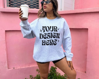 Gildan 18000 Ash Sweatshirt Mockup | G180 Ash Crewneck Mock-up | Grey Gildan Sweatshirt Lifestyle Mockup, Trendy Oversized Sweater Mockup