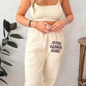 Comfort Colors 1469 Mockup, Ivory 1469 Sweatpants Mockup, CC1469 Fleece Sweatpants Mock, Trendy Cozy Aesthetic, Real Model Bottoms Mock Up