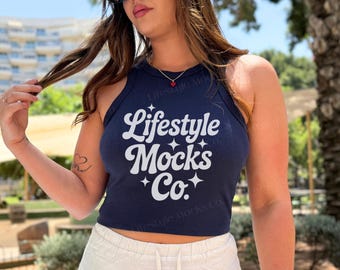 Bella Canvas 1019 Mockup, Navy Bella Canvas Tank Top Mockup, 1019 Micro Rib Racer Tank Mock, Trendy Lifestyle Aesthetic, Y2K Mockup