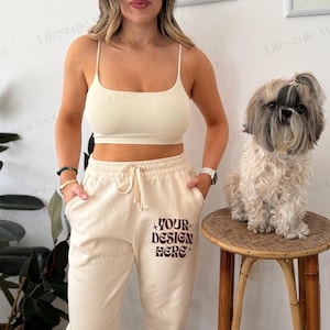 Ivory Comfort Colors 1469 Mockup, 1469 Sweatpants Mockup, CC1469 Fleece Sweatpants Mock, Trendy Cozy Aesthetic, Real Model Mockup With Dog