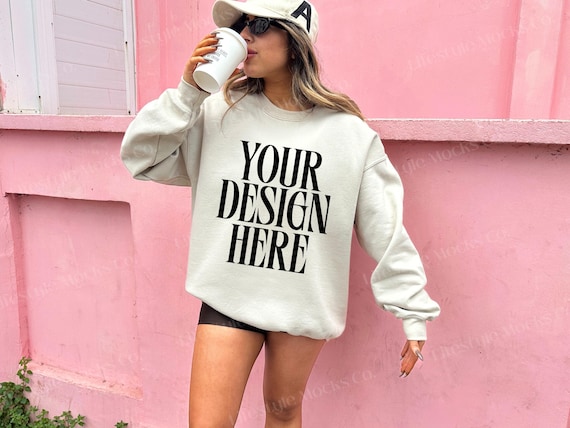 Gildan 18000 Mockup, Sand Gildan Sweatshirt Mockup, G180 Sand Crewneck Mock-up, Oversized Sweater Mockup Outdoors Lifestyle Mockup