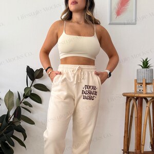 Comfort Colors 1469 Mockup, Ivory 1469 Sweatpants Mockup, CC1469 Fleece Sweatpants Mock, Trendy Cozy Aesthetic, Real Model Bottoms Mock Up