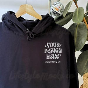 Gildan 18500 Black Mockup, Black Hoodie Mockup, G185 Black Hooded Sweatshirt on Hanger Mockup, Pullover Mockup Designed for The Pocket Erea