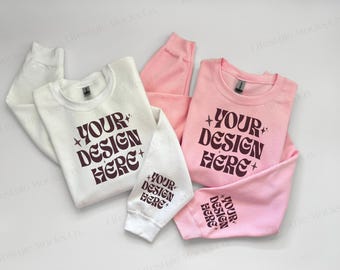 Gildan 18000 Mockup, G180 Biały i Jasnoróżowy Gildan 18000 Para Mockup, Grupowy Gildan Sweatshirt Mockup, Składany Unisex Sweater Mockup