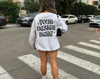 Ash Gildan 18000 Crewneck Back Mockup, Ash gildan 18000 Sweatshirt Mockup, Trendy Oversized Sweater Gildan Back Outdoors Lifestyle Mockup