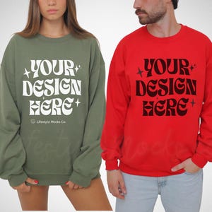 Couple Gildan 18000 Mockup Sweatshirt Mockup Red Military Green 18000 Mockup Group Oversized Crewneck Woman Model Mockup Christmas Colors