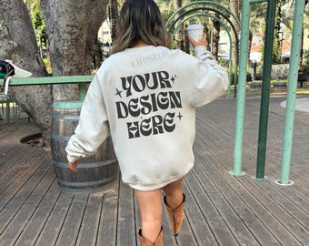 Sand Gildan 18000 Back Mockup, Sand 18000 Mock-up, Trendy Oversized Mock, Oversized Sweater Mockup, Crewneck Sweatshirt Lifestyle Mockup