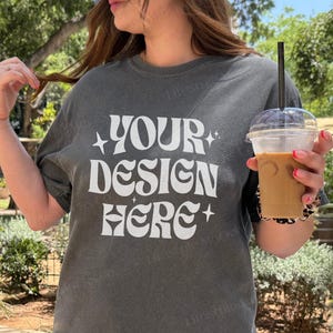 Comfort Colors 1717 Mockup, Oversized Tshirt Mockup, Streetwear Lifestyle Mockup, Outdoors Aesthetic Trendy Mockup with Coffee Cup