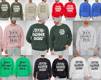 May include: A collection of 10 different color sweatshirts with the text "YOUR DESIGN HERE" printed on the front. The sweatshirts are all crew neck and long-sleeved.