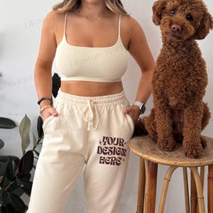 Comfort Colors 1469 Mockup, Ivory 1469 Sweatpants Mockup, CC1469 Fleece Sweatpants Mock, Trendy Cozy Aesthetic, Real Model Mockup With Dog