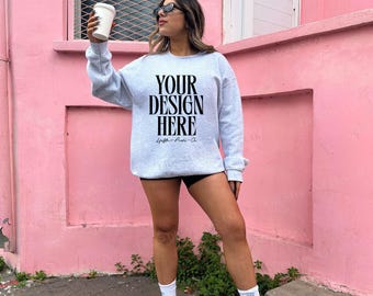 Gildan 18000 Ash Sweatshirt Mockup | G180 Ash Crewneck Mock-up | Grey Gildan Sweatshirt Lifestyle Mockup, Trendy Oversized Sweater Mockup