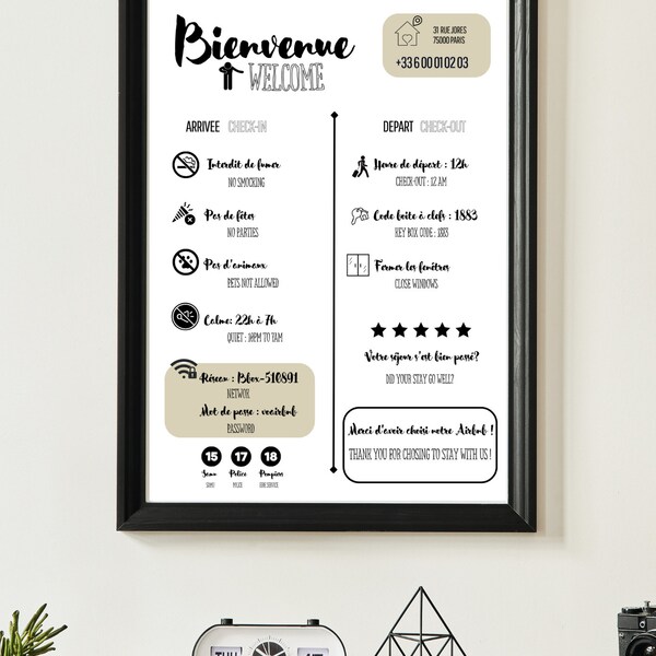 AIRBNB Affiche de bienvenue Français Anglais, Template Canva, French and English Airbnb welcome sign