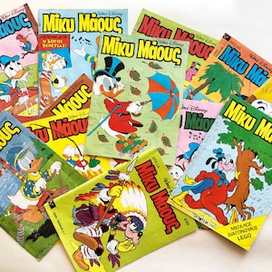 Mickey Mouse's voorpagina stripboekomslagen kortstondige voor ongewenste tijdschriften, authentiek Grieks, plakboeken, collage, gemengde techniek, veranderde kunst, ambacht