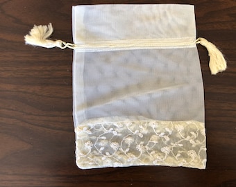 Small Gift Bags Embroidered with lace and drawstring, square for Favors, Wedding, Jewelry, Gift Swaps, Junk Journals, Scrapbook, Baptism