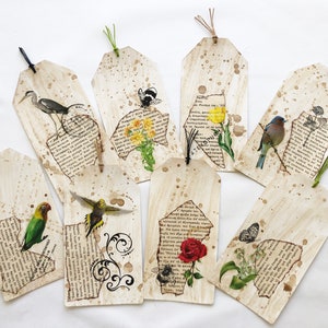 8 handgemaakte ephemera-tags, handgemaakte items, voor ongewenste tijdschriften, geschenken, scrapbooking, vogels-bloemen-natuurthema en Griekse oude pagina's fragmenten