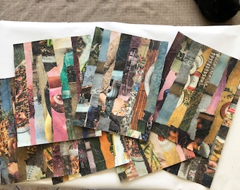May include: A collection of colourful paper scraps arranged in vertical strips, creating a layered and textured abstract art piece.