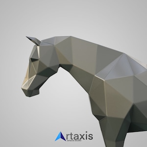 May include: A silver-colored, geometric horse sculpture with a low-poly style. The horse is facing to the left and its head is lowered.