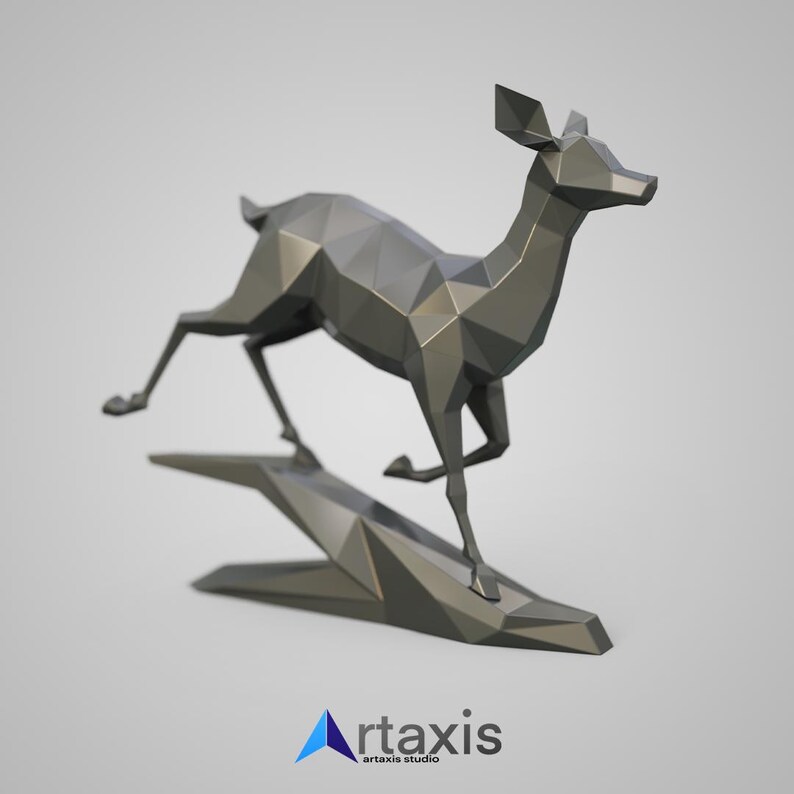 May include: A grey, geometric deer sculpture in a running pose, standing on a grey, geometric base. The sculpture is made of many triangles and has a modern, abstract style.