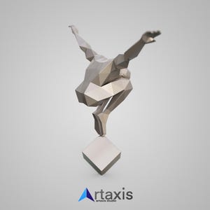 May include: A silver, geometric sculpture of a person in a leaping pose, standing on a square base. The sculpture is made of many small triangles.