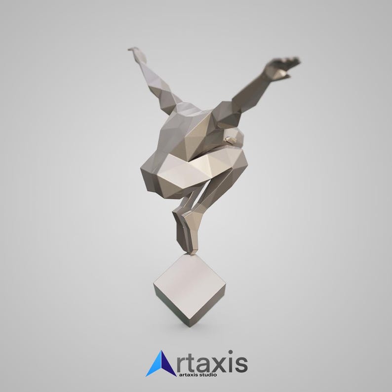 May include: A silver, geometric sculpture of a person in a leaping pose, standing on a square base. The sculpture is made of many small triangles.