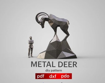 May include: A metal deer sculpture in a geometric style, standing on a rocky base. The sculpture is made of many small triangles and is a DIY pattern for metalworking.