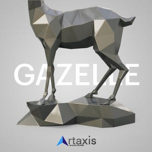 May include: A silver, low-poly gazelle sculpture standing on a rocky base. The sculpture is made of triangles and has a modern, geometric style. The word "GAZELLE" is printed in white letters below the sculpture.