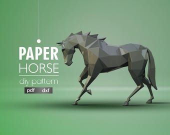May include: A gray paper horse origami model, with the text "PAPER HORSE diy pattern pdf dxf" below it.