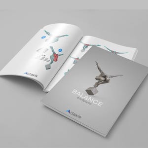 May include: A gray and white booklet titled "BALANCE sculpture" with a 3D rendering of a person balancing on one foot on a cube. The booklet is open to a page with illustrations of a person in different poses.