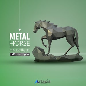 Escultura poligonal de caballo de metal: Plantilla digital para arte 3D DIY de baja poligonización (Descarga PDF, DXF, pdo)