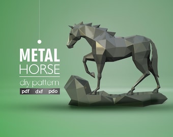 May include: A silver metal horse sculpture with a geometric design. The horse is standing on a rock base. The image includes the text "METAL HORSE diy pattern pdf dxf pdo".