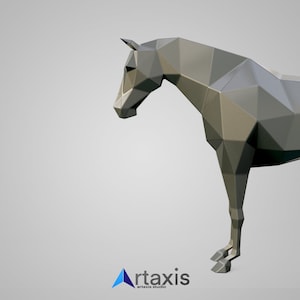 May include: A low-poly, gray, 3D model of a horse. The horse is standing on all four legs and is facing to the left. The model is made up of many triangles.