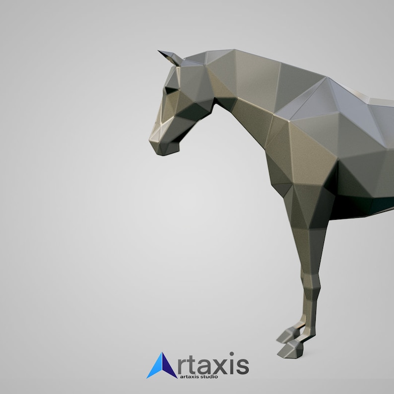 May include: A low-poly, gray, 3D model of a horse. The horse is standing on all four legs and is facing to the left. The model is made up of many triangles.