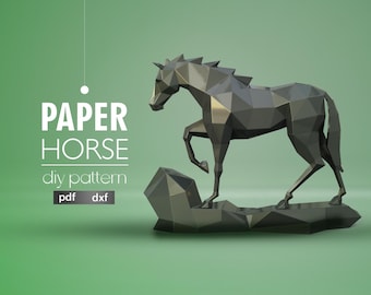 3D Low Poly Horse Papercraft DIY Template: Modern Polygon Animal Cutting Guide (PDF + DXF)