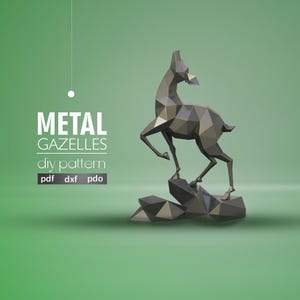 polygonale, création de gazelle en papier, modèle numérique, origami, téléchargement pdf DIY, low poly, trophée, sculpture, modèle 3D, dxf, pepakura, art métallique