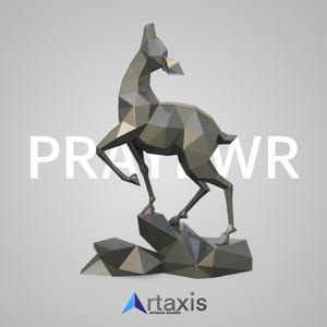 May include: A geometric, metallic gray deer sculpture standing on a rocky base. The sculpture has a polygonal design and is set against a light gray background. The text "PR" and "WR" are displayed in white, along with the "artaxis" logo.