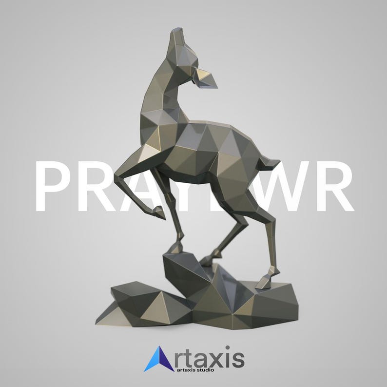 May include: A geometric, metallic gray deer sculpture standing on a rocky base. The sculpture has a polygonal design and is set against a light gray background. The text "PR" and "WR" are displayed in white, along with the "artaxis" logo.