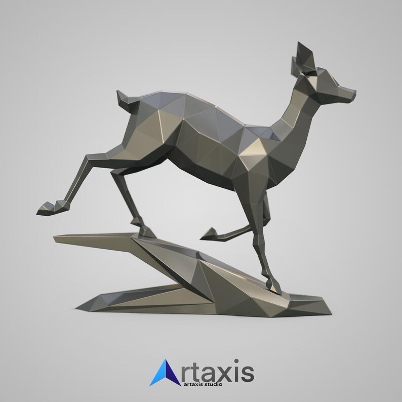May include: A silver-coloured, geometric deer sculpture with a low-poly style. The deer is standing on a silver-coloured, geometric base.